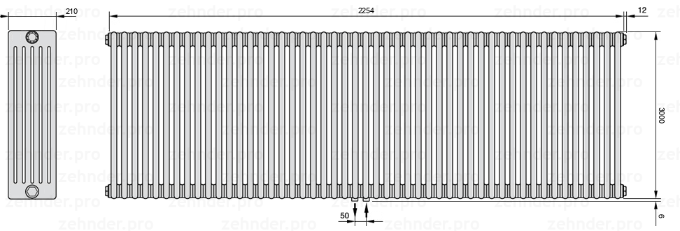 Схема (чертеж) Радиатор Zehnder Charleston 6300/49 №5410 Белый глянцевый RAL 9016